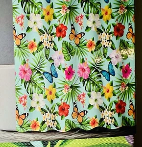 BUTTERFLIES TROPICAL FLOWERS & LEAVES FABRIC SHOWER CURTAIN BRIGHT GARDEN COLORS - Picture 1 of 11