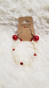 2 pc Set Moonstone Chip Red Gemstone Stone Silver 7.5" Bracelet 1-1/4" Earrings - Picture 1 of 5