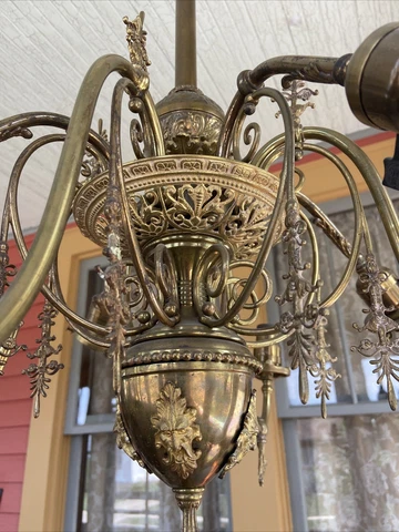 Antique Filigree 8 Arm Victorian Brass Gas & Electric Chandelier Light Fixture 2 Cover