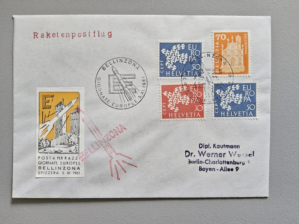 Beleg Raketenpost Flug Bellinzona 1961, Schweiz, Raketen Stempel - Bild 1 von 1