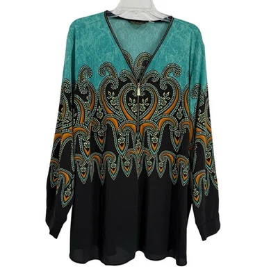 Blusa Bob Mackie Cuello en V Talla 3X NEGRA Verde Art-to-wear Top Paisley Cremallera Foto 1 de 4