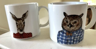 WEST ELM x Rachel Kozlowski Set of 2 Dapper Animals Mugs Barn Owl Deer Ceramic - Image 1 of 4