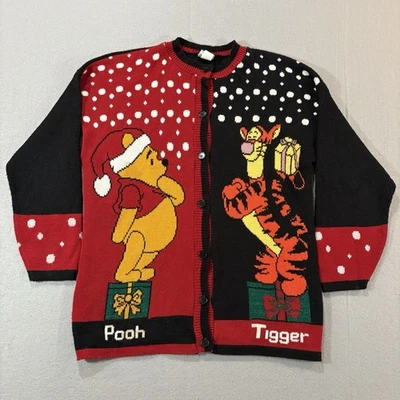 Cardigã suéter vintage anos 90 Disney Winnie The Pooh Tigger Natal leitura pequena - Imagem 1 de 4