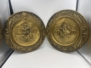 2 Vintage MCM Brass Embossed Wall Hang Plate Tall Ship Pirate 14" Decor Nautical - Picture 1 of 24