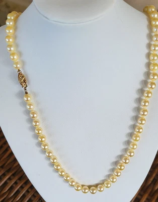 Vintage Pearl Necklace 20 Inch Knotted 14K Gold Clasp 6.3 MM Cream Color - Image 1 of 4