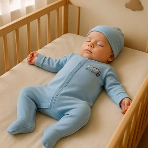 Baby Jungen Strampler mit Fuß + Mütze, Blau, Baumwolle, Gr: 56, 62, 68, 74, 80 - Bild 1 von 1