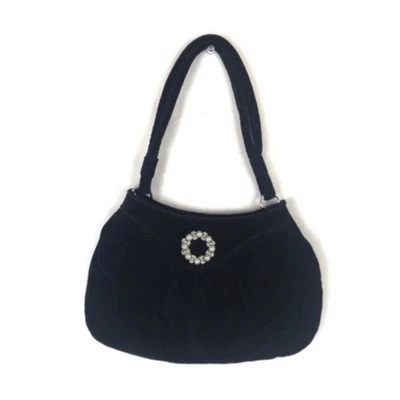 "Antiguo bolso sin asas de terciopelo negro azul marino bolso de mano perlas lazo gemas pequeño 10x6""" Foto 1 de 4