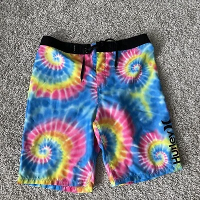 Hurley Swim Trunks Shorts Boys 18/29 Blue Tie Dyed  9” Inseam Neon Swirls - Image 1 of 4