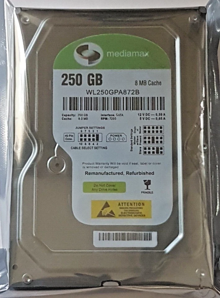 250 GB SATA Mediamax WL250GPA872B 7200rpm 8MB HDD 3,5 " Internal Hard Drive Ref. - Image 1 of 1