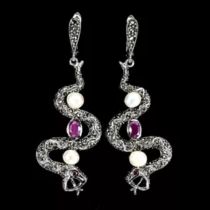 Verano 925 Pendientes Plata Ovalado Rubí Perla Marcasita Gema Cobra Joyería - Imagen 1 de 10