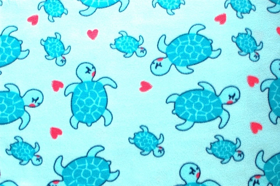 BTY-TURQUOISE BABY TURTLES WITH PINK HEART ON LT BLUE FLEECE FABRIC 1 YD 60X36" - Image 1 of 1