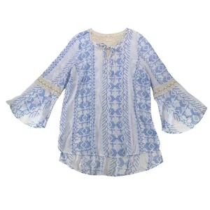 Blusa Campesina Como Vintage Talla 1X Azul Blanco Encaje Ligera Alta Lo Túnica Top - Imagen 1 de 8