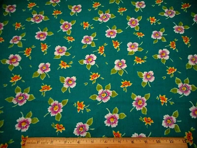 Floral Fabric 5/8 Yard SALE Yellow White Pink Floral on Teal Quilting Cotton #PC - Image 1 of 2
