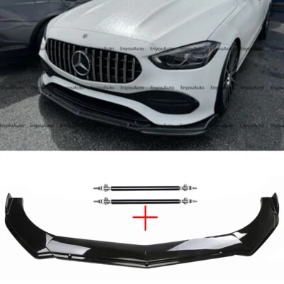 For Mercedes-Benz C200 C300 Front Bumper Lip Spoiler Splitter + Strut Rods Black Foto 1 de 4