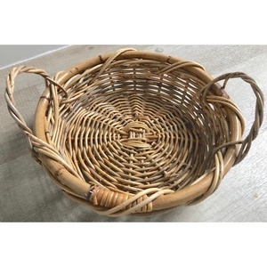 Wicker Basket With Handles - Round Handwoven Rustic Bamboo Home Decor / Fruit - Picture 1 of 10