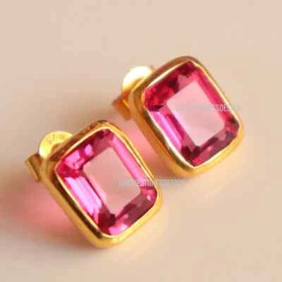 Pendiente de turmalina rosa de plata de ley 925 con perno prisionero de oro turmalina rosa Foto 1 de 4