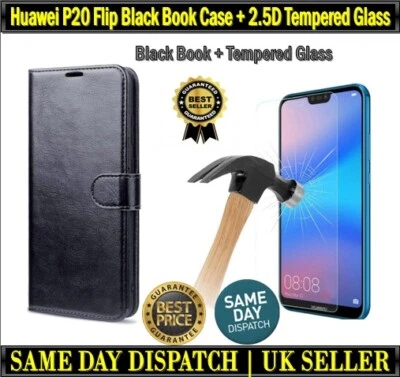 Huawei P20 EML-L29C Flip Black Book Case Cover Card Wallet + Tempered Glass Film - Image 1 of 4
