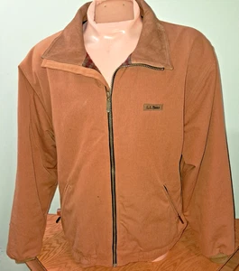 Vintage LL Bean Khaki Canvas Wool Blanket Lined Suede Collar Bomber Jacket Sz L - Picture 1 of 12