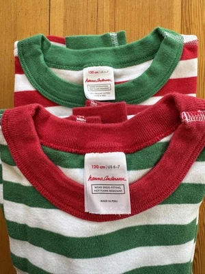 Hanna Andersson  120  6/7 Red Green White Striped Pajamas Long Johns Set 2 pair  - Image 1 of 4