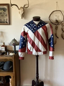 Oscar Piel Vintage 90’s American Flag Leather Jacket Size Medium Patriotic USA - Picture 1 of 24
