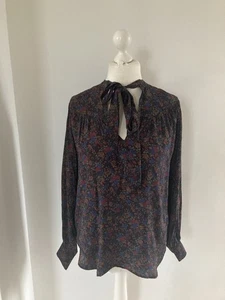 Ralph Lauren Polo Dark Floral Silk Blend Blouse Billow Sleeves Floaty Tie Neck - Picture 1 of 7