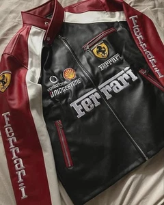90’s Red Ferrari Embroidered Vintage F1 Racing Leather Motorbike Riding Jacket - Picture 1 of 5