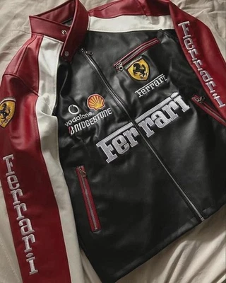 90’s Red Ferrari Embroidered Vintage F1 Racing Leather Motorbike Riding Jacket - Image 1 of 4