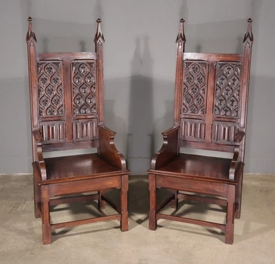 Large Pair of Antique Gothic Arm/Throne Chairs Solid Chestnut Hand Carved Wood - Image 1 of 4