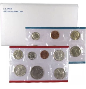 1980 P&D Mint Set with 13 Brilliant Uncirculated US Coins & Envelope (13 Coins) - Picture 1 of 1