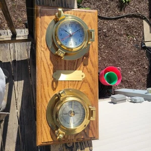Bey Berk Brass Porthole Clock & Barometer On Wood - Picture 1 of 13