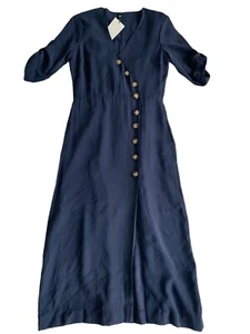 Zara Trf Navy Blue Midi Dress Small NWT Tie Waist Tab Sleeve Long Shirt dress - Picture 1 of 9