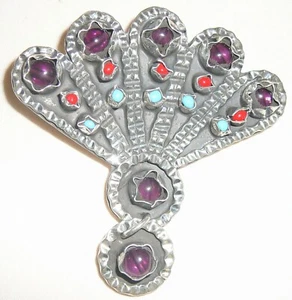 Coral Turquoise & Amethyst Sterling Fan Brooch Pendant - Picture 1 of 2