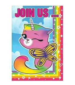 Rainbow Butterfly Unicorn Kitty 8 Invitations Party Birthday Kids - Picture 1 of 4