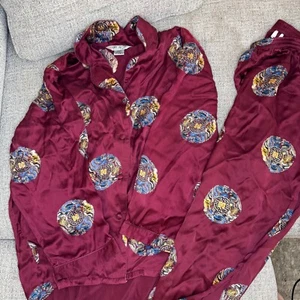 Silk Pajama Set Asian Inspired Print Loungewear Sleepwear XXL Maroon Lightweight - Picture 1 of 14