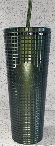 New Starbucks Cold Cup Holiday Darkk Green Metallic Grid 24 Oz Tumbler 2021 - Picture 1 of 4