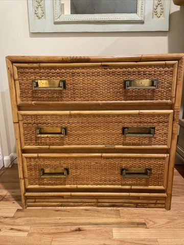 Vintage Split Bamboo Rattan 3-Drawer Chest Dresser Campaign Style BRASS Pulls Cover
