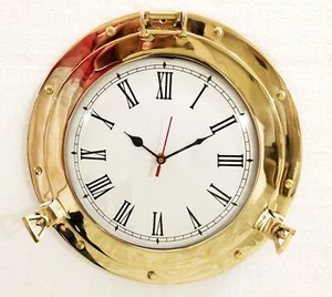 Antiguo reloj analógico marino de latón macizo para colgar de pared con ojo de buey de barco de 20" - Imagen 1 de 5