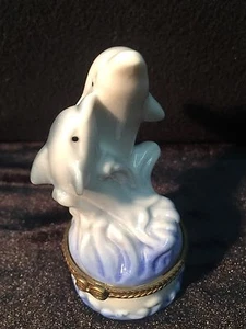 DOLPHINS TRINKET BOX Blue White & Grey Porcelain VERY UNIQUE! 🐬Vintage!EUC!! - Picture 1 of 7