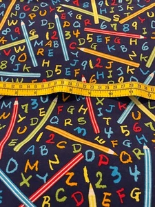 Blue Cotton Fabric with Colorful Alphabet, Numbers, Colored Pencils; 28”. New. - Picture 1 of 1