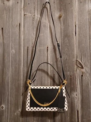 全新带标签 Zac Posen 拉链上衣斜挎包黑白小牛毛。  零售 250 美元。 — 第 1/4 张图片