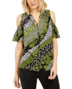 MSRP $88 Michael Kors Cold-Shoulder Tie-Neck Top Green Size XS - Picture 1 of 2
