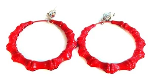 PENDIENTES GRANDES PENDIENTES DE ARO DE BAMBÚ ROJO 3 PULGADAS PENDIENTES DE ARO CLIP PLATEADO - Imagen 1 de 2