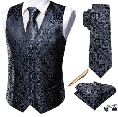Men's NEW 3XL 46-48 Paisley  Black Formal Wear Vest Tie Hanky Cufflinks Pin Set - Image 1 of 4