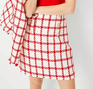 NUEVA FALDA ANN TAYLOR ROJA BLANCA A CUADROS TWEED BOTÓN LÍNEA A TALLA 2 - Imagen 1 de 10