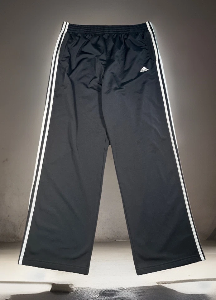 Pantalones de chándal Adidas de colección para hombre XL negros blancos a rayas holgados pierna ancha 20" abiertos Y2K Foto 1 de 4