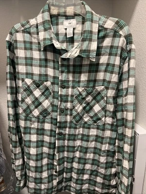 H M Green White Plaid Relaxed Fit Mens Large Pocket Button Up Flannel Shirt - Image 1 of 3