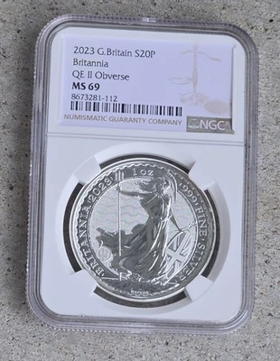 2023 G. Britain S20P Britannia Queen Elizabeth II Obverse NGC Graded MS69 ~1 Oz. - Image 1 of 2
