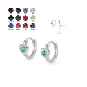 Birthstone Gemstone Heart Children's Huggie Earrings In Sterling Silver 925 - Picture 1 of 13