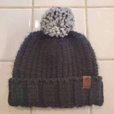 The North Face Beanie Women's One Size Pom Pom Acrylic Ribbed Black Gray VGUC  - Image 1 of 4