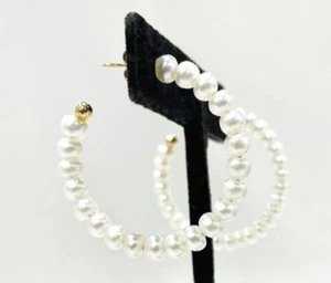 14K Solid Yellow Gold & Freshwater Pearls Large Hoop Earrings - Picture 1 of 5